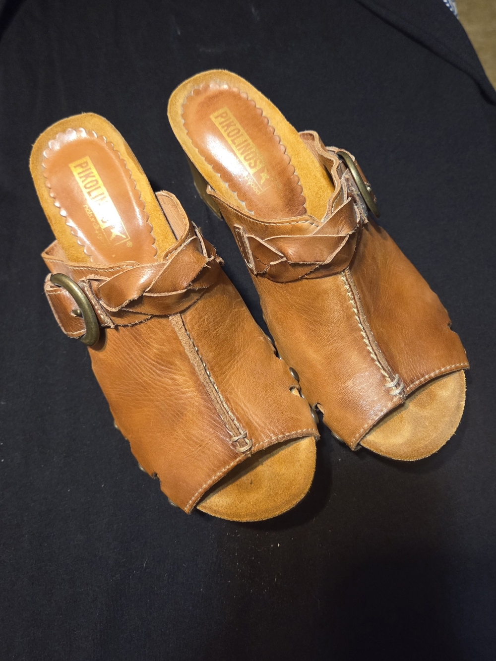 PIKOLINOS Tan Leather Braided Slide Clogs with Buckle Detail